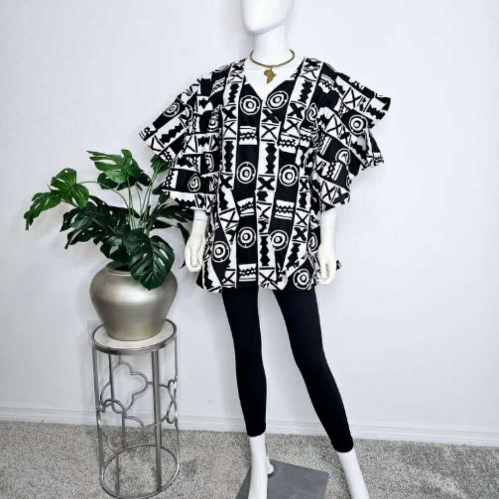 African Print Ankara Kitenge Belted Wrap Kimono Blouse Top with Ruffle Bell Slee